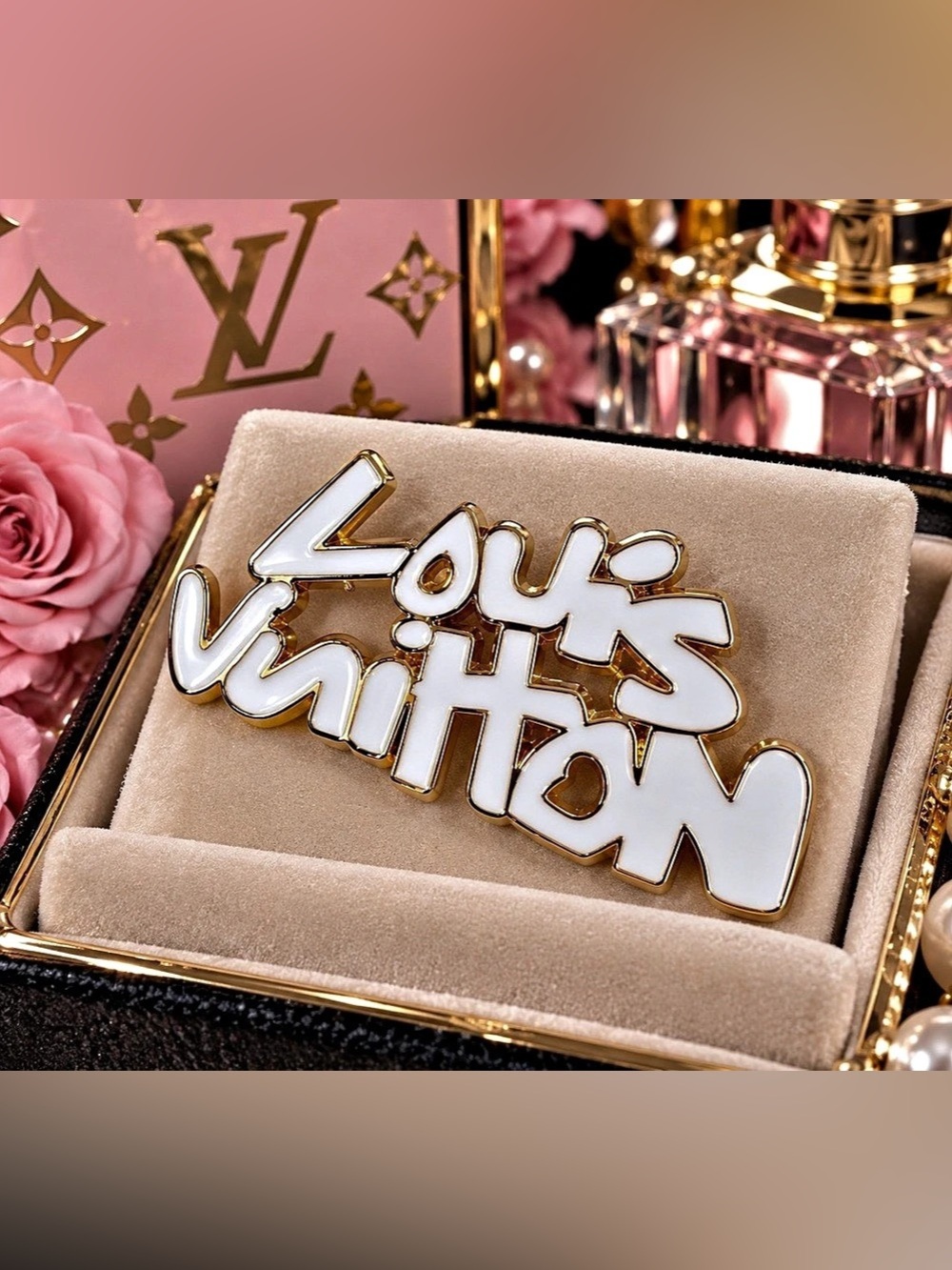 Stamped Louis Vuitton White & Gold Logo Brooch